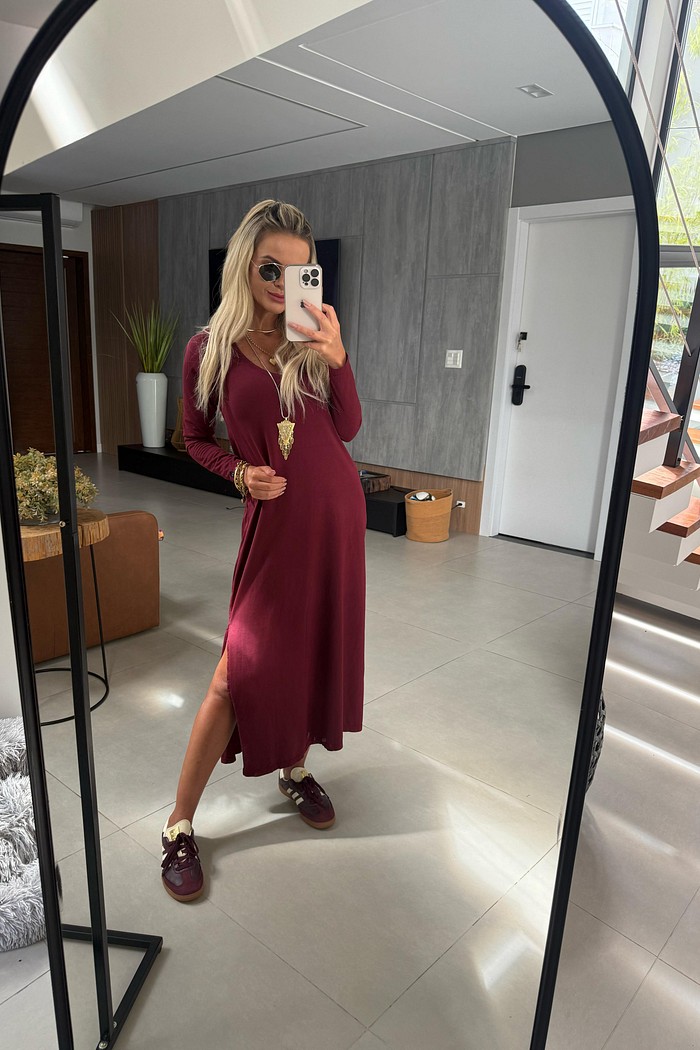 Vestido Midi V Manga Longa Cherry Lacquer