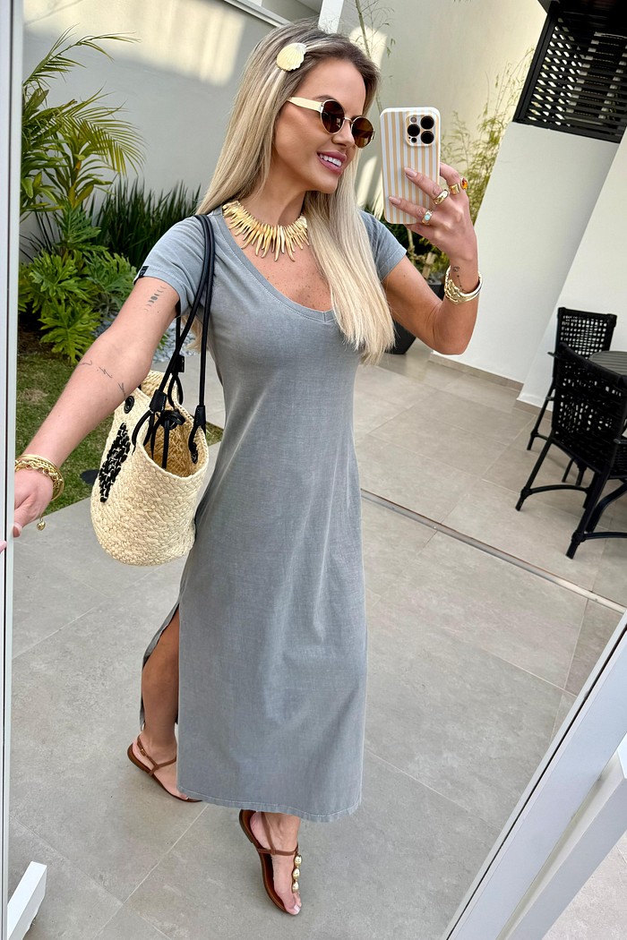 Vestido Midi V Cinza