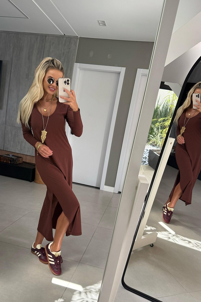 Vestido Midi V Manga Longa Marrom