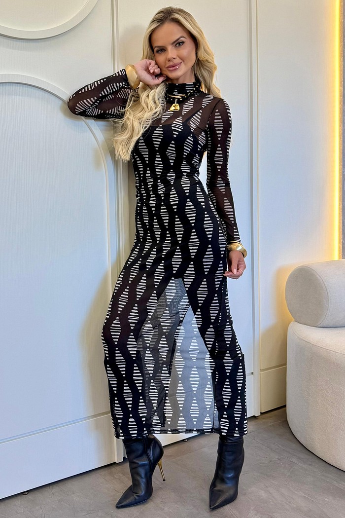 Vestido Midi Tule Estampa Geométrica Preto