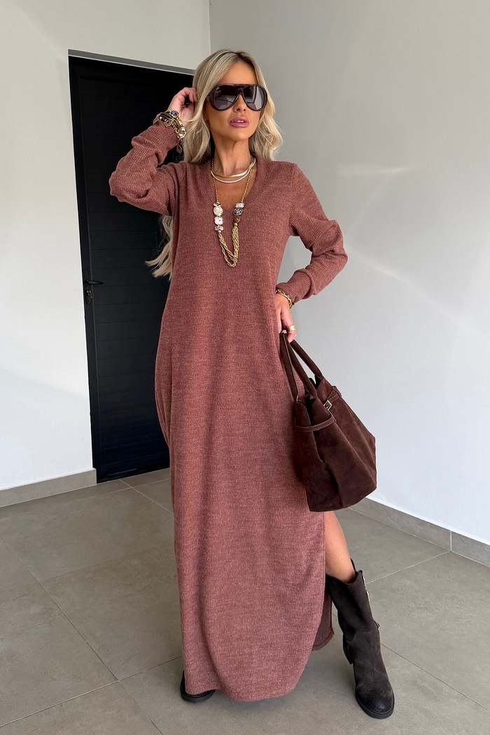 Vestido Gola V Longo Tricot Marrom