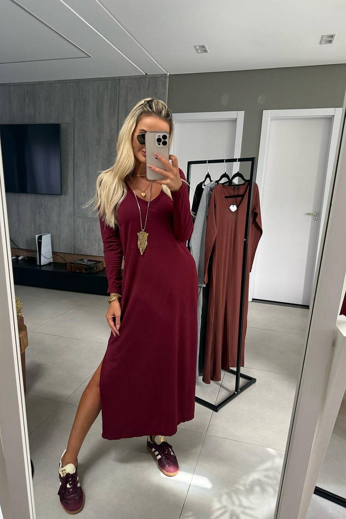 Vestido Midi V Manga Longa Cherry Lacquer