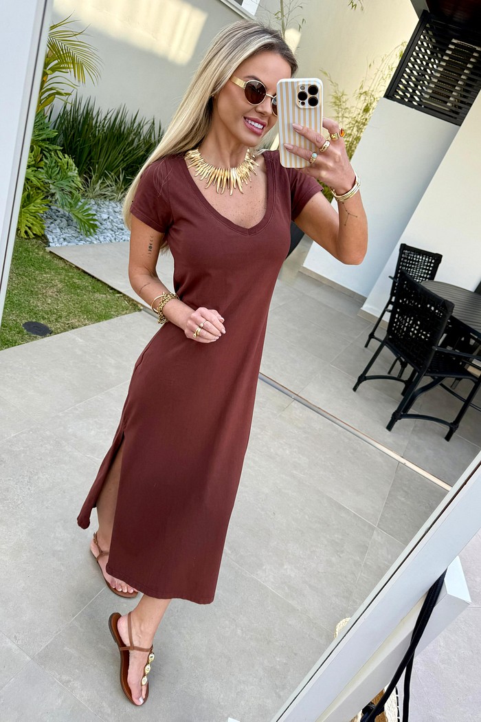 Vestido Midi V Marrom