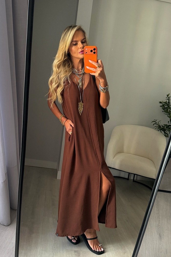 Vestido Midi Mahina Marrom Café