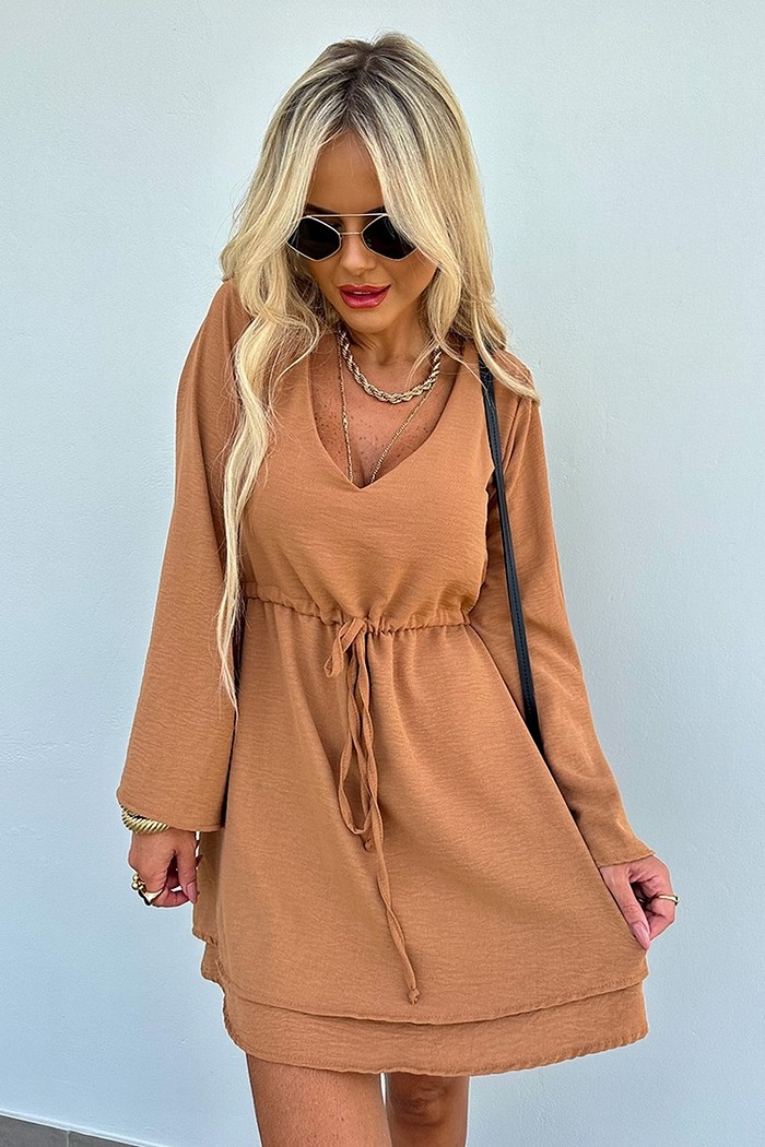 Vestido Gaby Manga Longa Camel