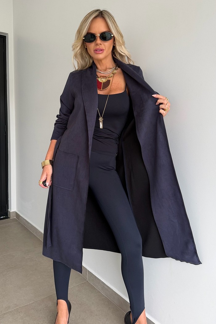 Casaco Longo Suede Azul Marinho