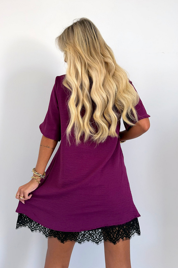 Vestido Curto Manga Curta Com Renda New Bordô
