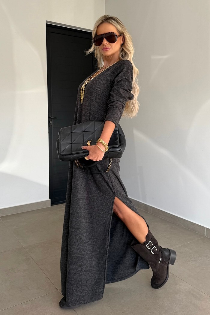 Vestido Gola V Longo Tricot Preto