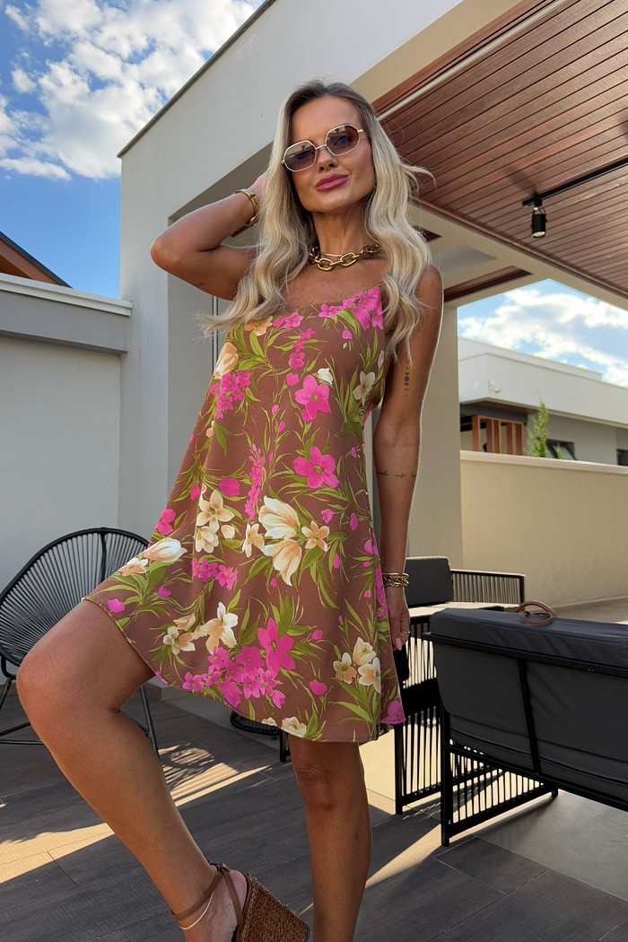 Vestido Curto Marina Marrom Floral Rosa