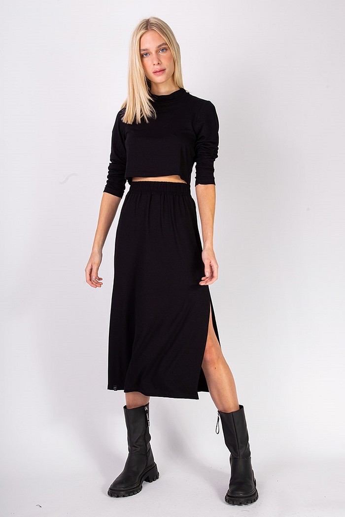 Conjunto Cropped e Saia de Viscolycra Preto