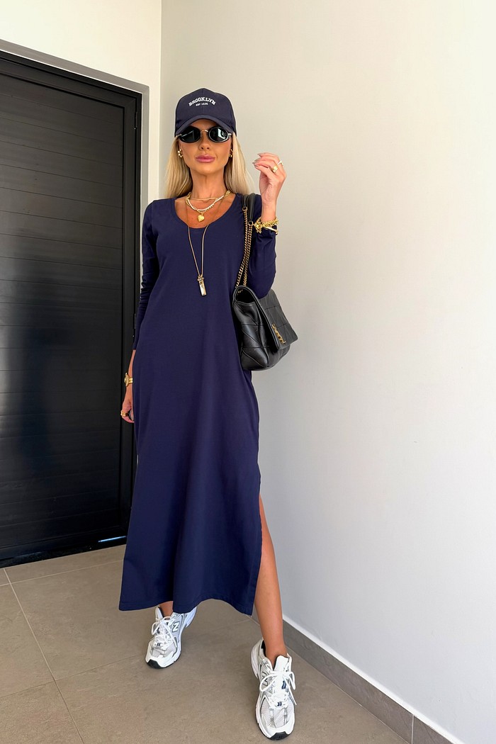 Vestido Midi V Manga Longa Azul Marinho