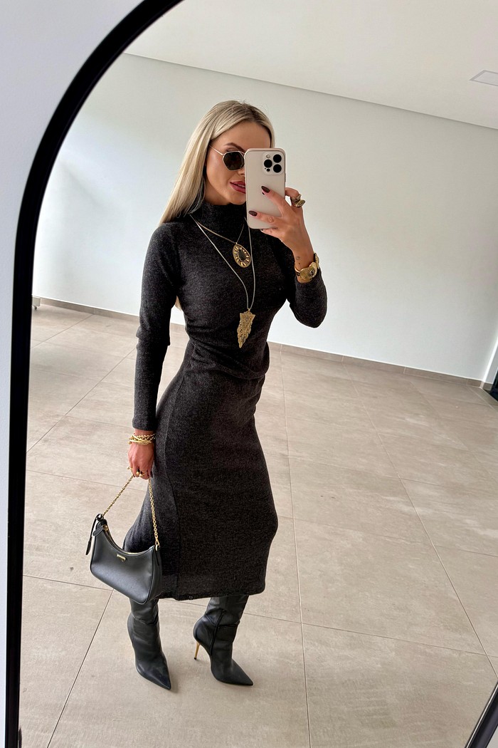 Vestido Midi Tricot Drapeado Preto