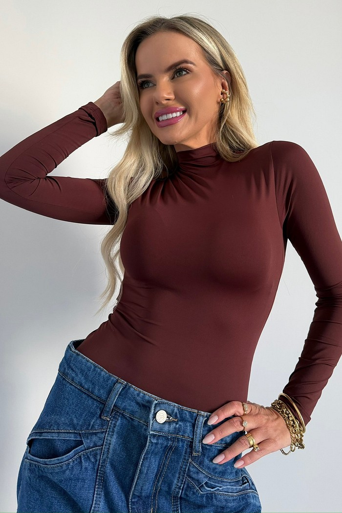 Blusa Manga Longa Drapeado No Ombro Marrom