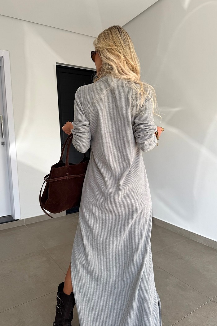 Vestido Gola V Longo Tricot Cinza Mescla
