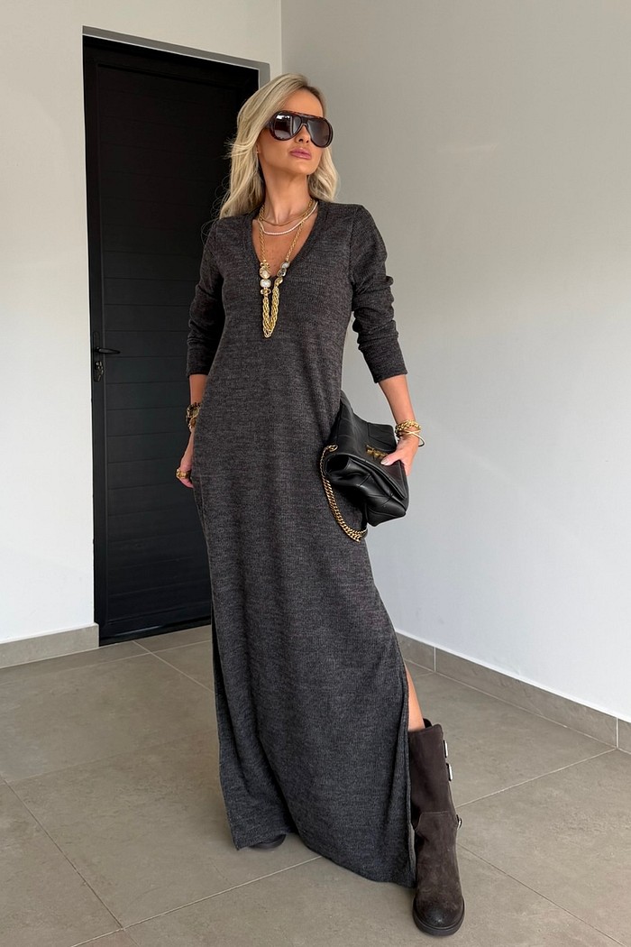 Vestido Gola V Longo Tricot Preto