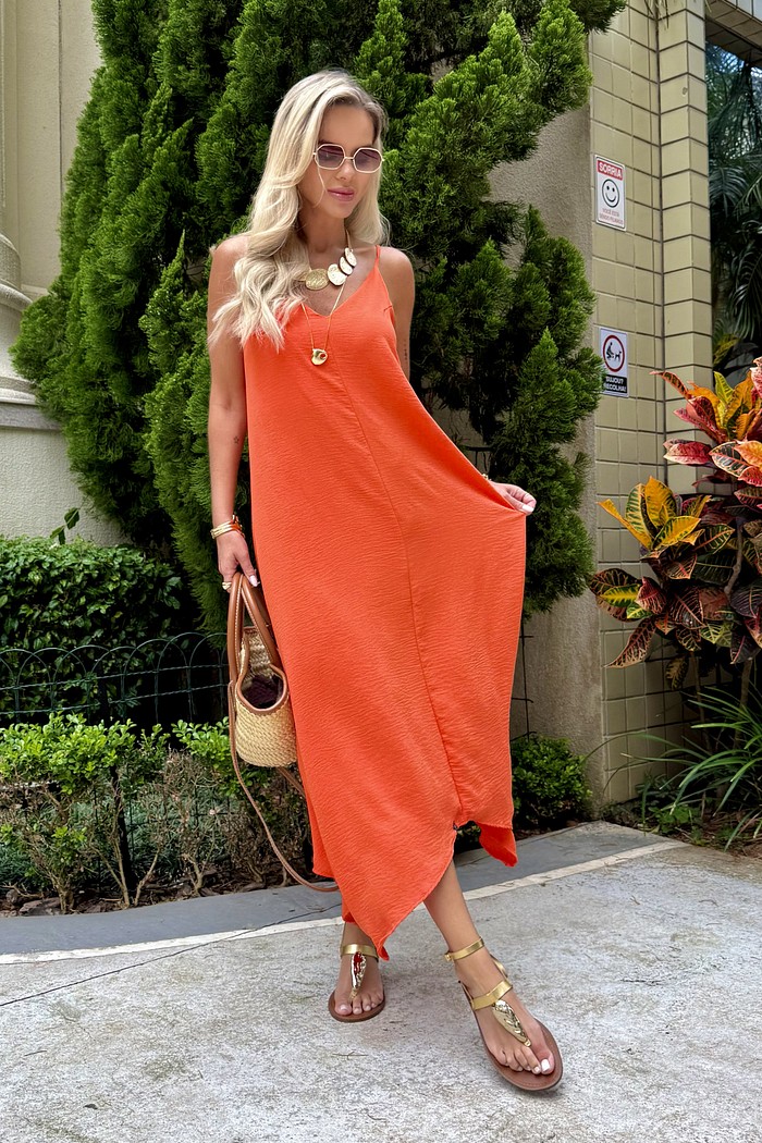 Vestido Midi Pontas Aura Laranja