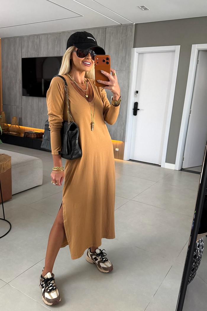 Vestido Midi V Manga Longa Camel