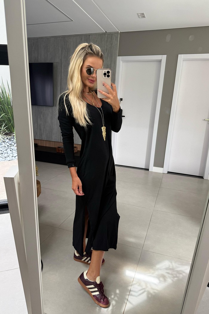 Vestido Midi V Manga Longa Preto