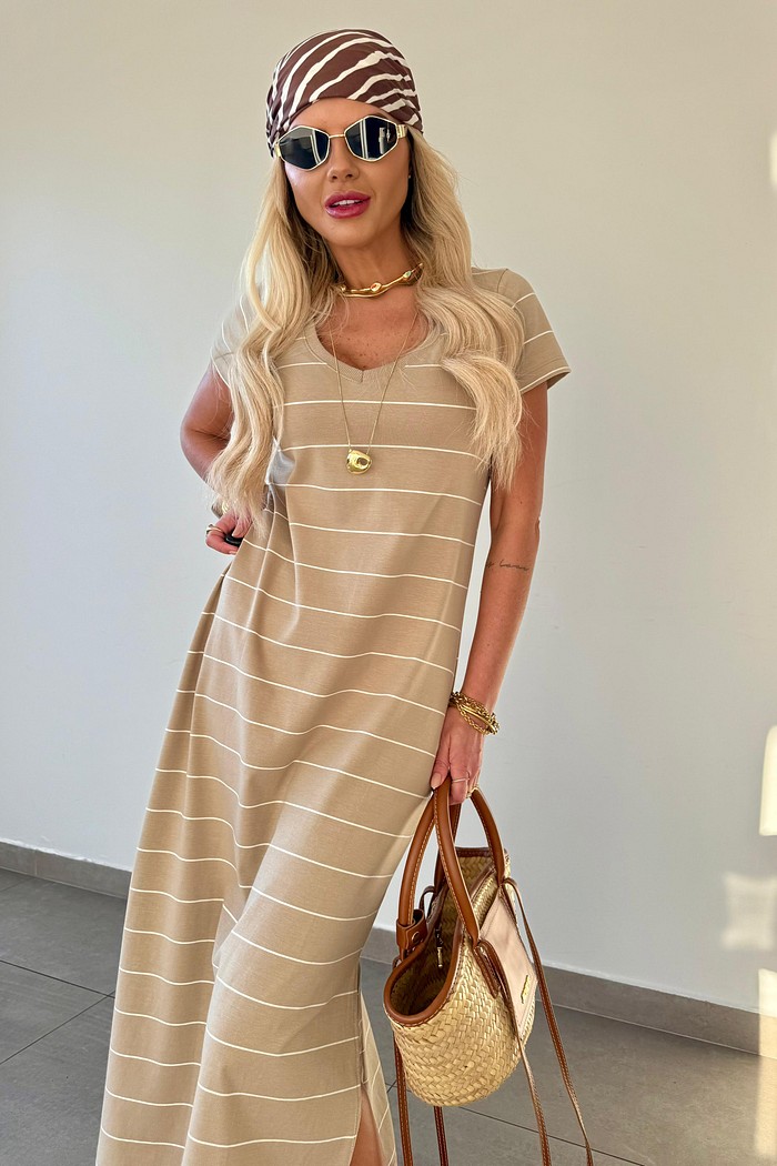 Vestido Midi V Listras Nude