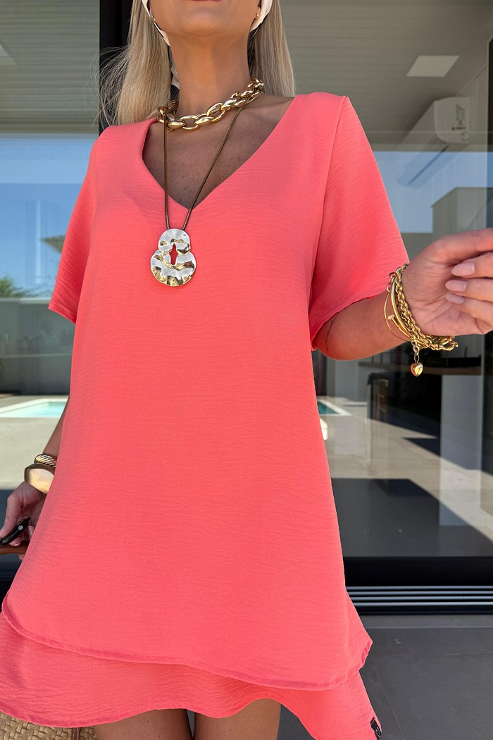 Vestido Maya Manga Curta Coral