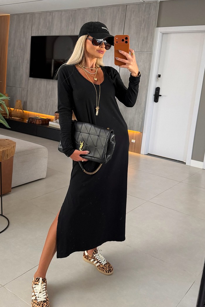 Vestido Midi V Manga Longa Preto