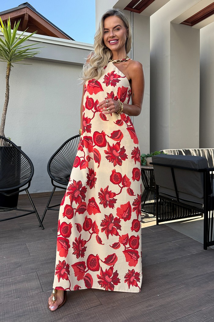 Vestido Longo Noronha Vermelho Floral Nude