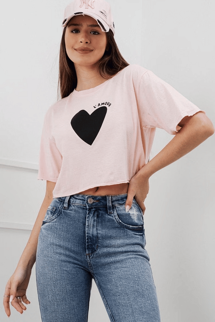 Cropped Coração L'amour Rosa Chá