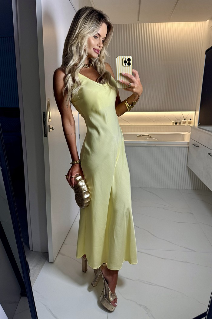 Vestido Midi Cetim Amarelo Manteiga