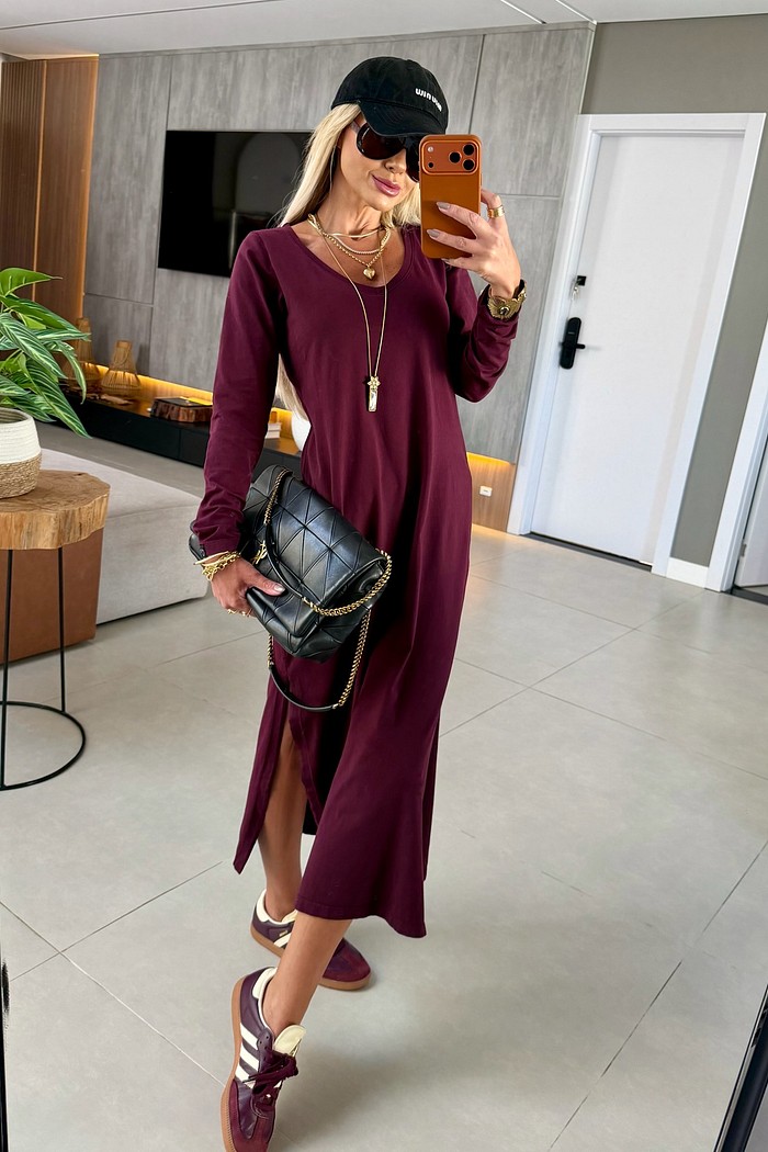 Vestido Midi V Manga Longa Bordô