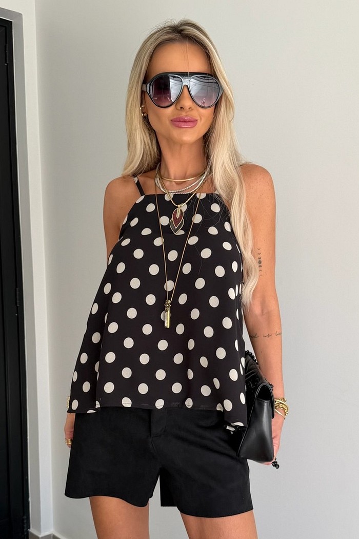 Blusa de Alças Chiffon Poá Preto