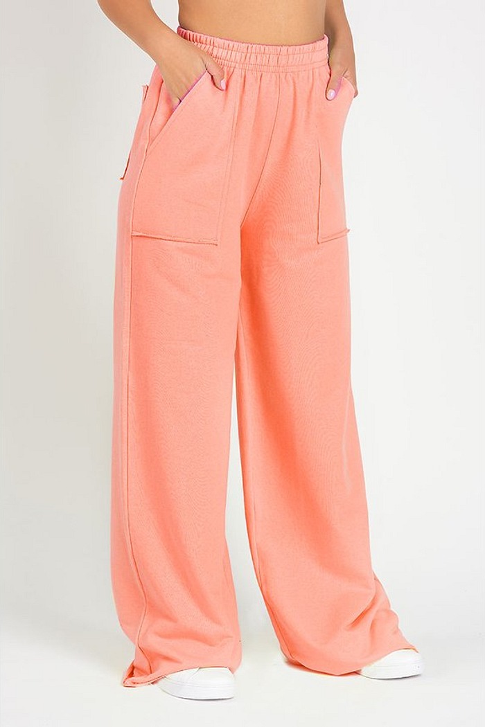 Calça Wide Leg Moletom Peluciada Salmão