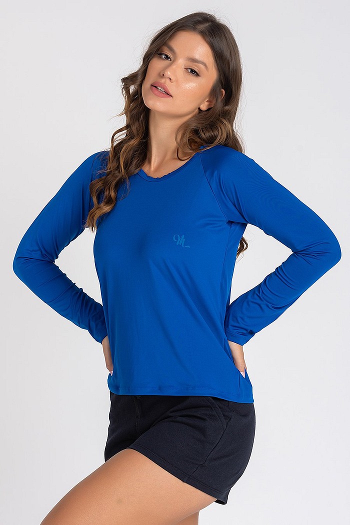 Camiseta Feminina UV Dry Manga Longa Raglan Azul Royal