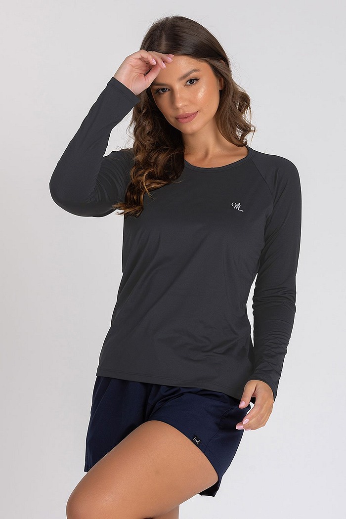 Camiseta Feminina UV Dry Manga Longa Raglan Chumbo