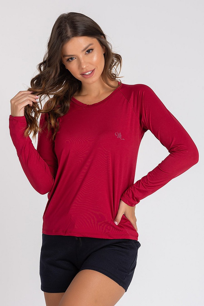 Camiseta Feminina UV Dry Manga Longa Raglan Bordo