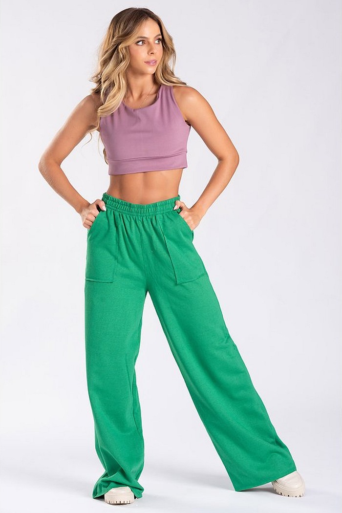 Calça Wide Leg Moletom Peluciada Verde Bandeira