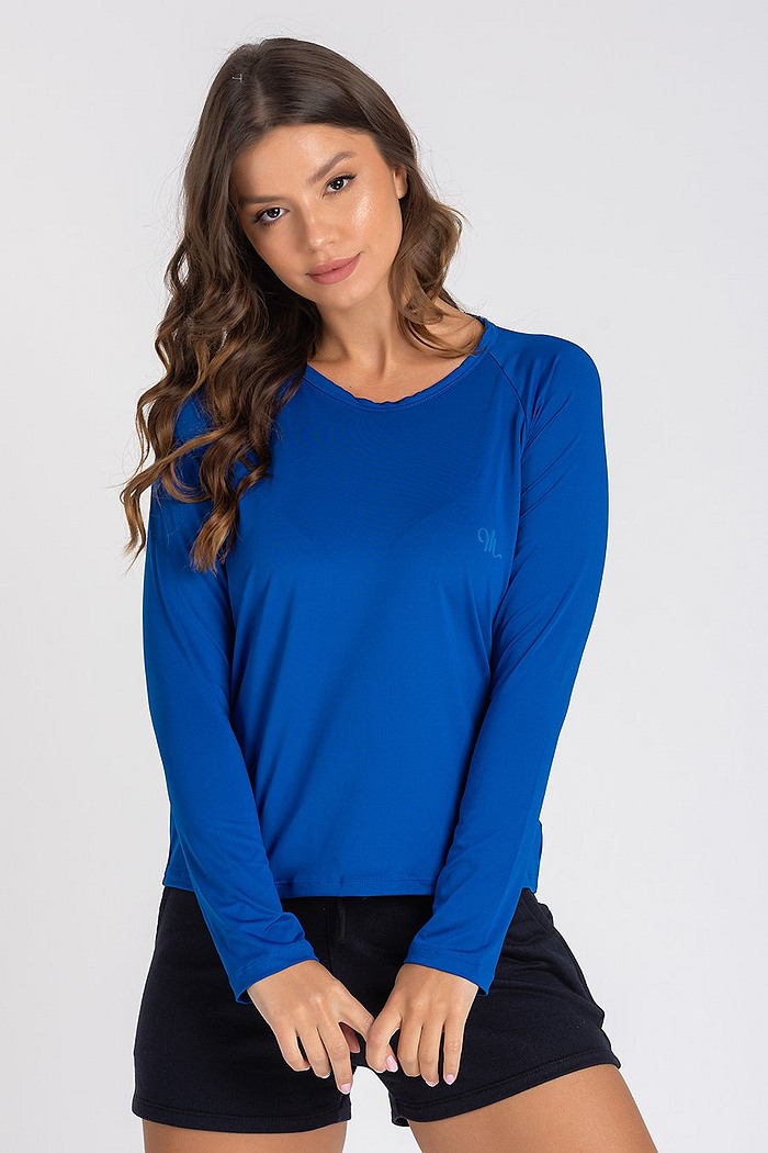Camiseta Feminina UV Dry Manga Longa Raglan Azul Royal