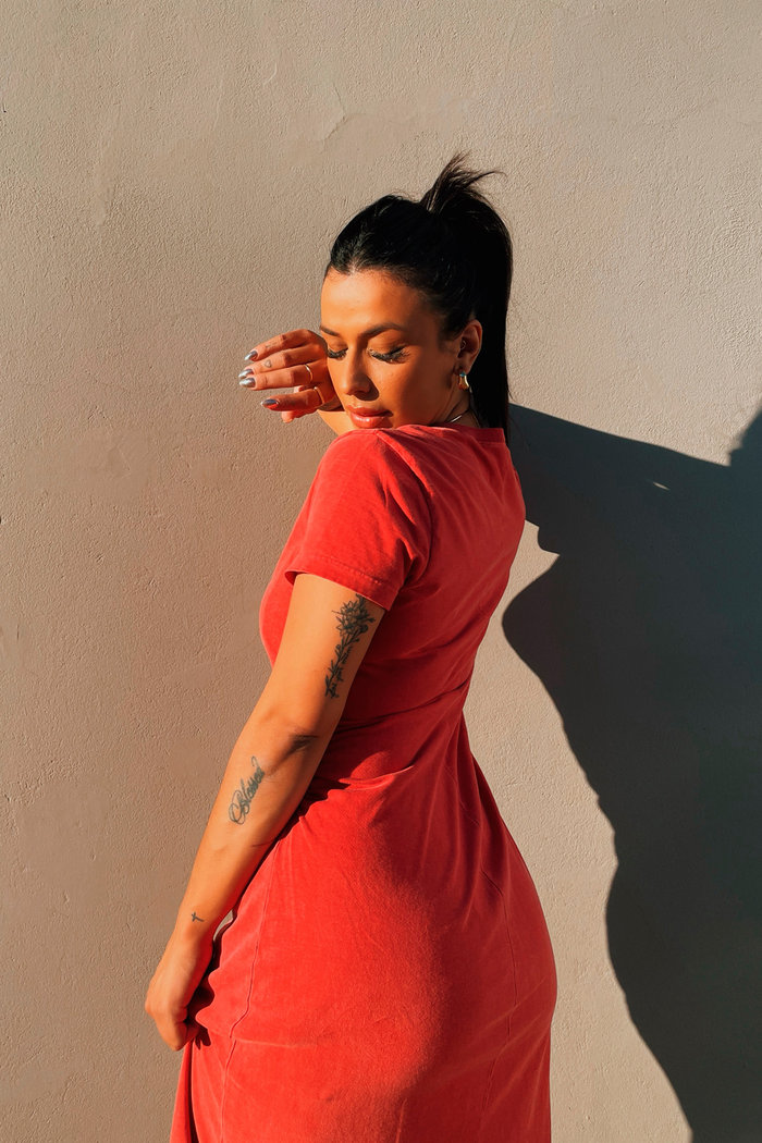 Vestido Romana Drapeado Luxo Urbano Vermelho