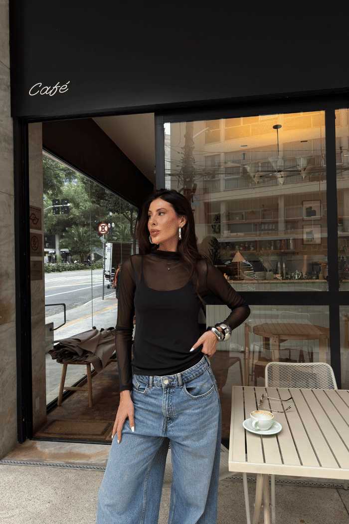 CONJUNTO BLUSA MANGA LONGA DE TULE ALICIA PRETA