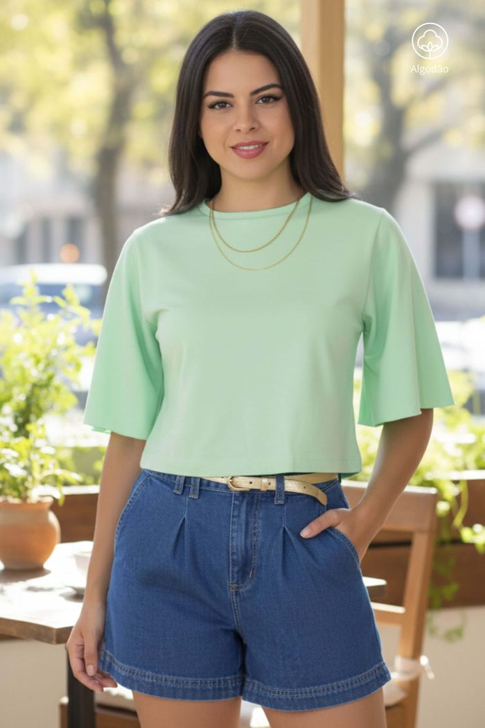 Blusa Feminina T Shirt Manga Curta Godê Luna Verde Claro