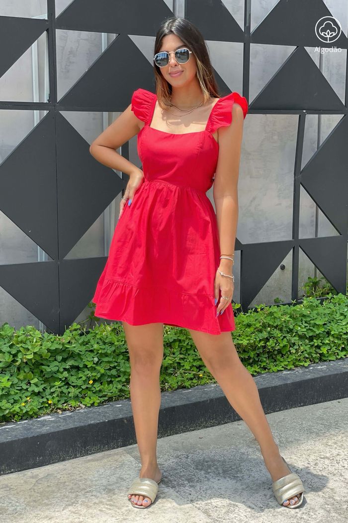 Vestido Curto de Alças Tricoline Algodão Katerini Vermelho