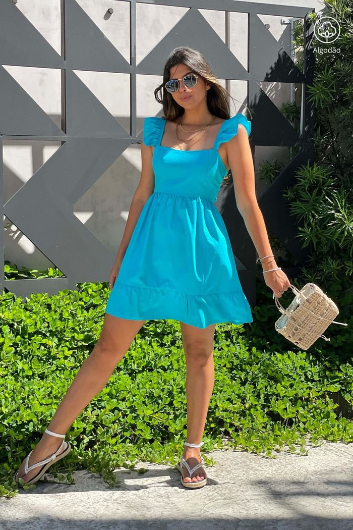 Vestido Curto de Alças Tricoline Algodão Katerini Azul Claro