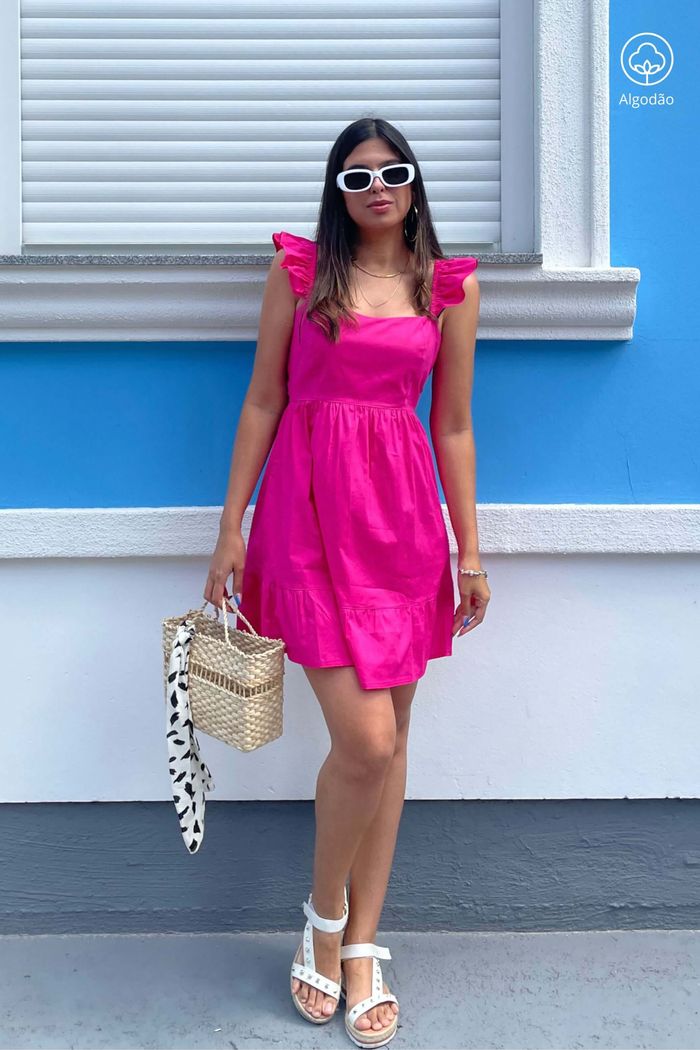 Vestido Curto de Alças Tricoline Algodão Katerini Pink