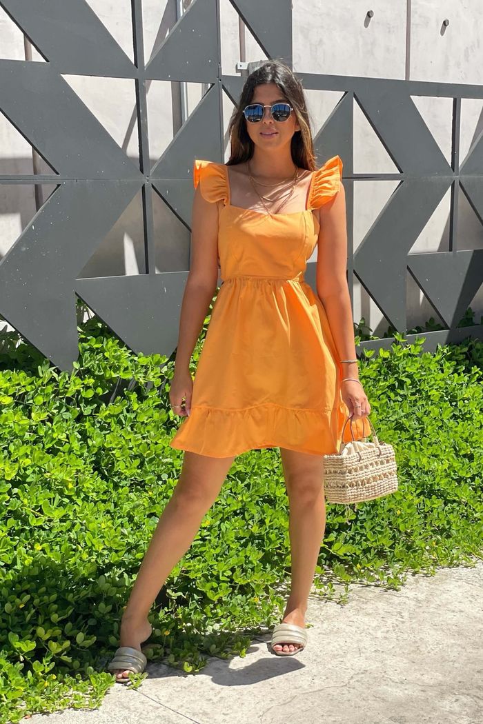 Vestido Curto de Alças Tricoline Algodão Katerini Laranja