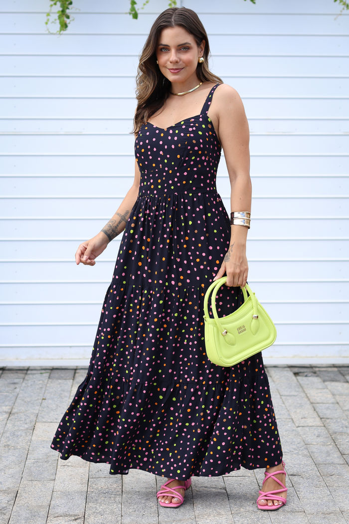 Vestido Lunna Midi Alças Reguláveis Preto Poá Colorido