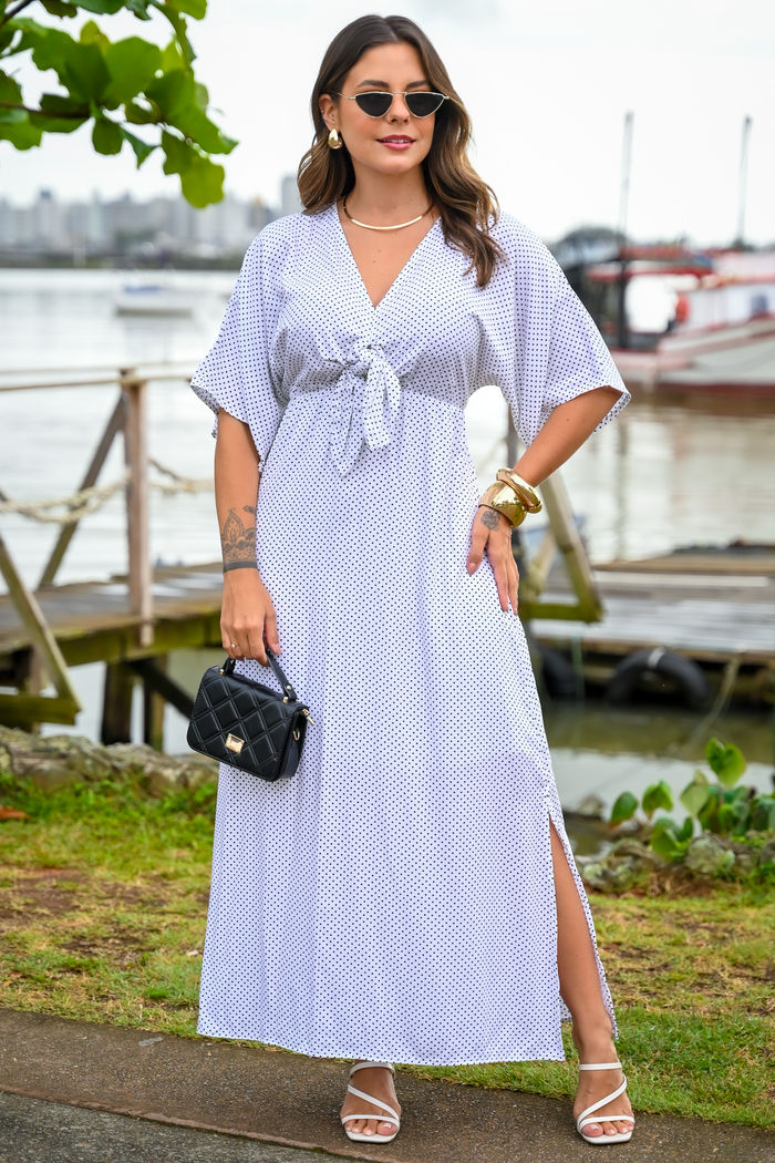 Vestido Laura - Com Forro - Estampa Poá com Fundo Branco