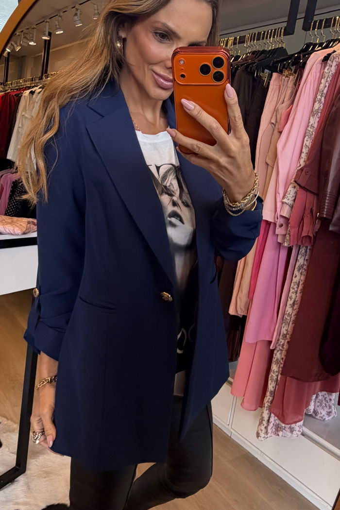 Blazer Longo Drama Signature Alfaiataria Premium com Martingale 1 botão cor Marinho