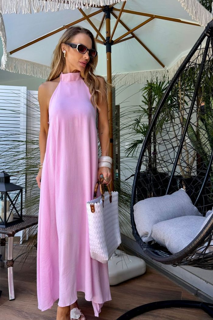 Vestido Longo Crepe Frente Única Rosa