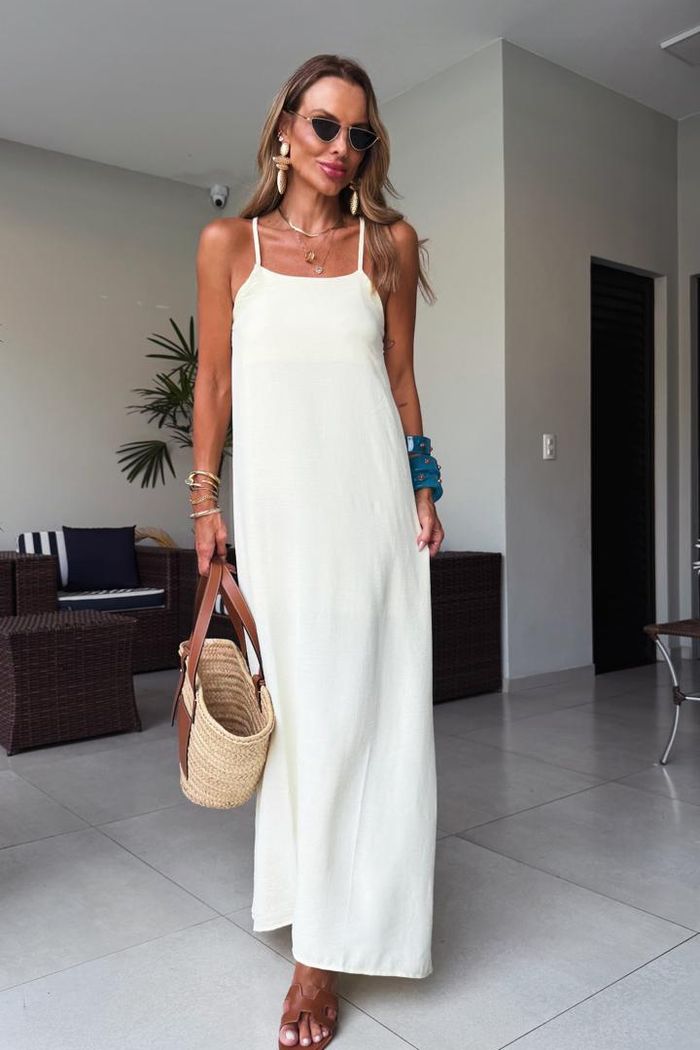 Vestido Longo Crepe Decote Reto de Alças Finas Amarelo Manteiga