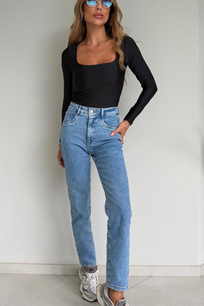 Body Manga Longa Decote Quadrado Suplex Premium cor Preta