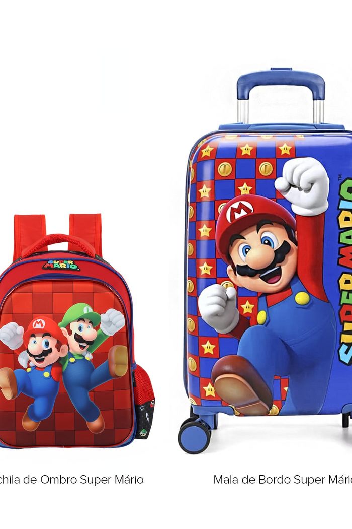 Conjunto de Mala de Bordo 10 kg e Mochila Infantil Mario e Luigi